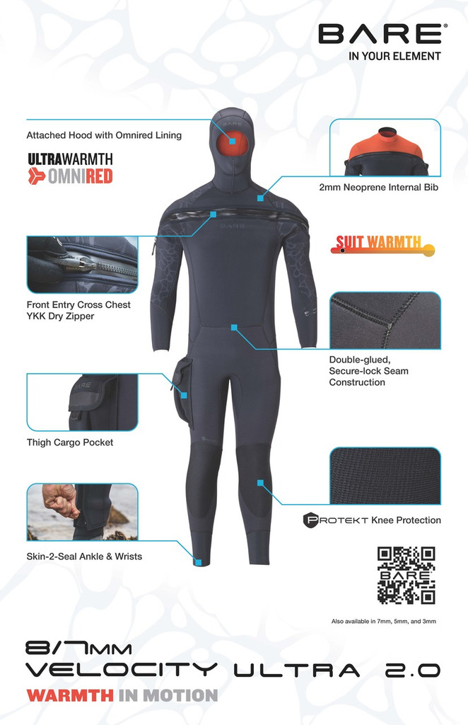 Bare 8/7mm Semi-Dry Ultra Velocity Ultra 2.0 Hooded Full Scuba Diving Wetsuit Men