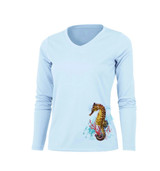 Sea Fear Women's 50+ UPF Long Sleeve Rash Guard Scuba Snorkeling Seahorse Reef Arctic Blue