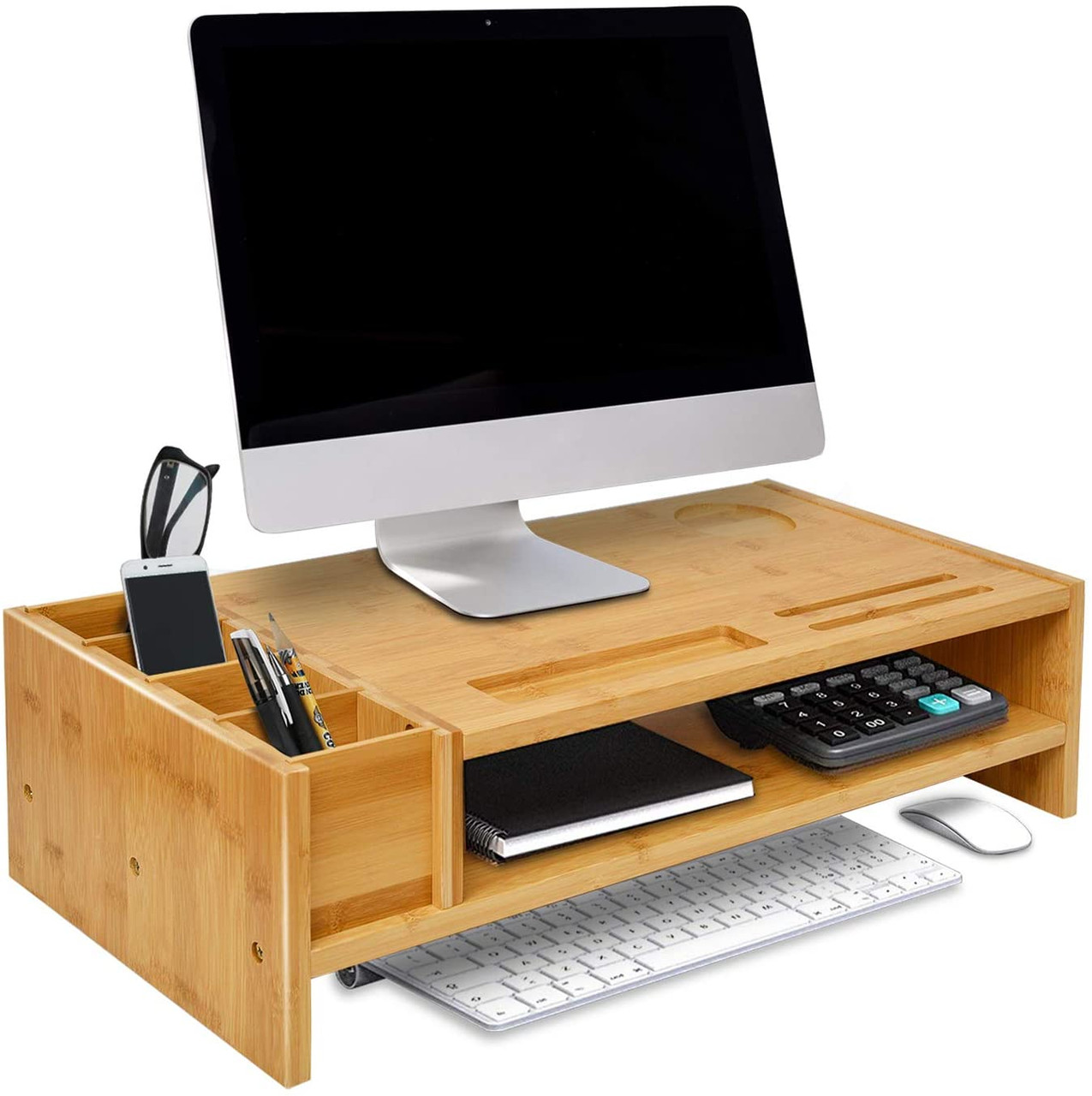 Waytrim 2 Tier Bamboo Monitor Stand Wood Computer Monitor Riser