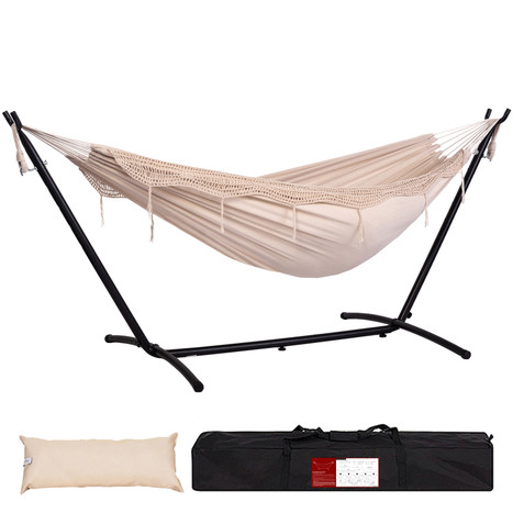 Lazy Daze Hammocks Double Canvas Hammock with 9FT Space Saving Steel Stand Includes Build-in Pocket, Portable Carrying Bag and Head Pillow for Backyard - Natural with Tassel