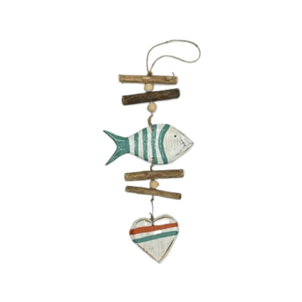 10709 WJ 1 FISH & 1 HEART ON DRIFTWOOD 47cm x 14cm x 1cm