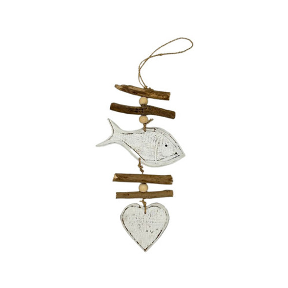 10709 WJ 1 FISH & 1 HEART ON DRIFTWOOD 47cm x 14cm x 1cm