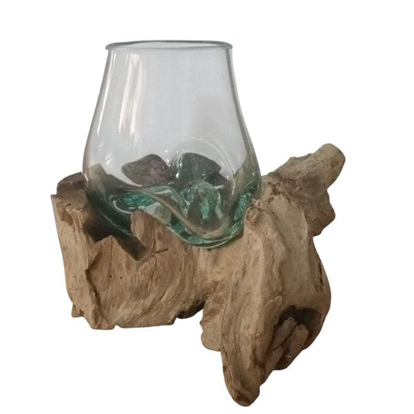 6537 SMALL GLASS BOWL ON WOOD STAND  14cmX18cmX18cm 6537 SMALL GLASS BOWL ON WOOD STAND  14cmX18cmX18cm