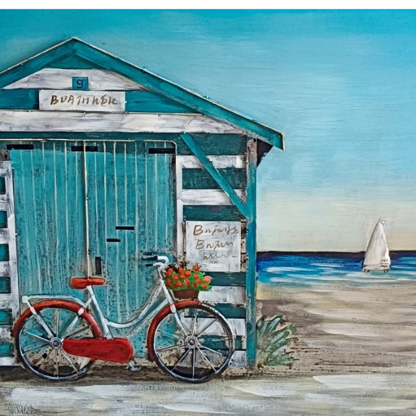 7174 1227 BIKE BY BEACH SHED 100x100cm