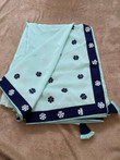 Soft Satin saree featuring patch work and cute borders. Comes with a fun ruffled sleeve blouse.