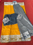 A modern Kancipuram saree with thread weaving in the body, animal design in the border. Comes with a contrast grey border. Comes with a stitched designer blouse. A modern Kancipuram saree with thread weaving in the body, animal design in the border. Comes with a contrast grey border. Comes with a stitched designer blouse.