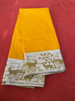 A modern Kancipuram saree with thread weaving in the body, animal design in the border. Comes with a contrast grey border. Comes with a stitched designer blouse. A modern Kancipuram saree with thread weaving in the body, animal design in the border. Comes with a contrast grey border. Comes with a stitched designer blouse.