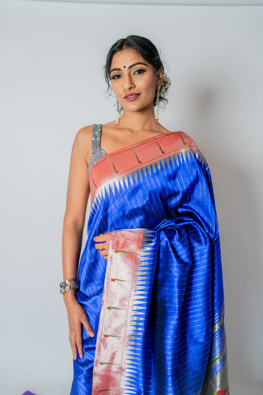 Royal Blue Woven Paithani Silk Saree – Zari Banaras