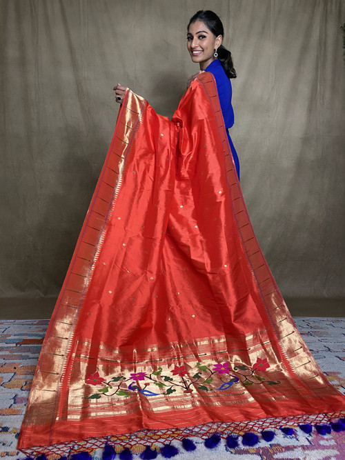 Intricately handwoven pure silk Paithani dupatta. Big enough to be draped for a saree like look. Intricately handwoven pure silk Paithani dupatta. Big enough to be draped for a saree like look.