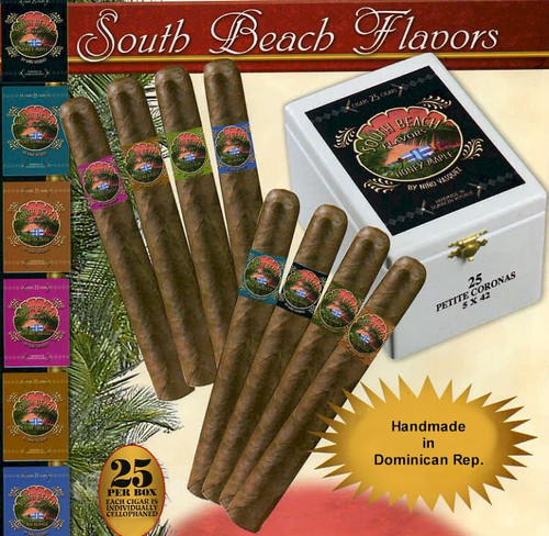 Newly released "South Beach Flavors" from the plantations of master blender and longtime premium cigar maker, Nino Vasquez, have become the cigars of choice along the famed nightclub strip of Ocean Drive. in South Beach and Little Havana. Nino has introduced an exciting full line of flavors in his latest creation of fine cigars. Not the overpowering strong flavoring so often found in other flavored cigar brands, but rather a more subtle, refined aromatic approach. With every South Beach Cigar, you and those around you, will enjoy the delightfully light aromas given off by these expertly blended Dominican premium cigars. You may never go back to 'regular' cigars again!
