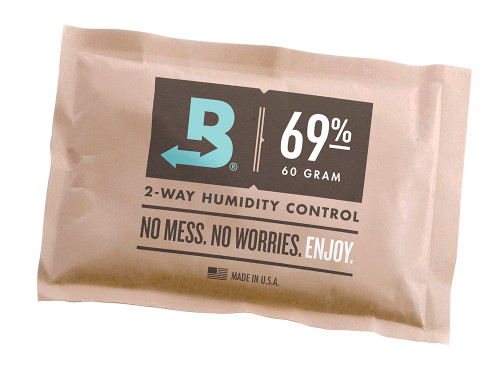 Single Pack
Uses: Humidity control (1) Boveda 60g/25 cigars in your humidor 
Merchandising: Use with Boveda Wire Retail Display Rack
Cross-sell with: Boveda Metal and Wood Holders  
Replace: When Boveda begins to get rigid
Shelf Life in Original Packaging: 2 years
Retail Carton Dimensions: 5.75"x 3.75"x 4.5"
Individual Dimensions: 5.25" x 3.5"WHY BOVEDA 60 GRAM FOR CIGARS?
Spreads the power of Boveda throughout a humidor:

Tuck Boveda under the shelves
Affix Boveda to the lid with a Boveda Metal or Wood Holder
Toss Boveda among smokes
WHY BOVEDA FOR PREMIUM CIGARS?
NO MORE MESSING WITH:

Wet sponges
PG solutions
Gels
Beads
NO MORE HALF-WAY:

1-way humidifiers only do half the job—ADD moisture. (And can over-humidify cigars.)

NO MORE GUESSING: Boveda is precise, complete and easy cigar care.

Just toss Boveda in and watch it work
Automatically adds AND absorbs moisture with Boveda's patented 2-way humidity control
Prevents cigars from splitting and bloating
Enhances—doesn’t change—flavor and aroma
WHY BOVEDA 69% RH FOR CIGARS?
Achieves and maintains 69% RH level, which is the sweet spot for most premium cigars.

Ideal for:

High-end humidors
Airtight humidors
Acrylic humidors
Boveda Humidor Bags
Tupperdors
Coolidors
Pelican™ travel humidors
If your humidor isn’t airtight, choose a higher RH level.

Note: Do not mix Boveda RH levels within the same humidor, and do not use Boveda in the same humidor with other humidification products. They will fight against each other and reduce the efficiency of Boveda.