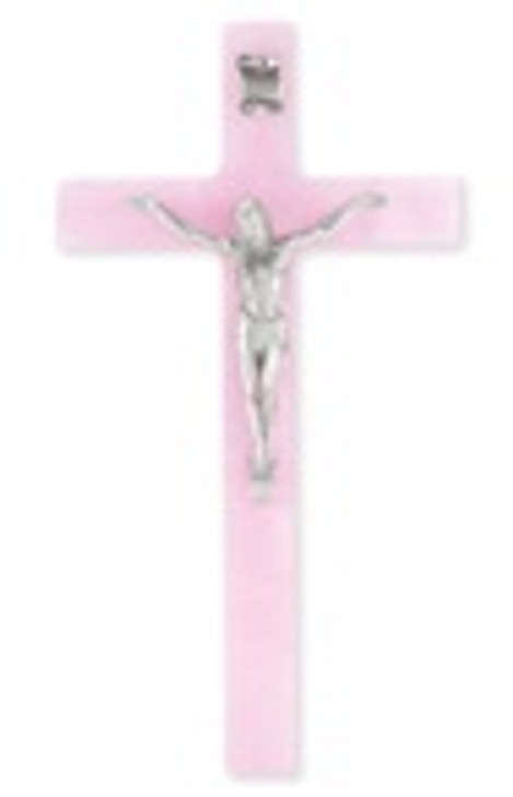 PEARLIZED PINK CROSS WITH FINE PEWTER CORPUS 41P-7PP