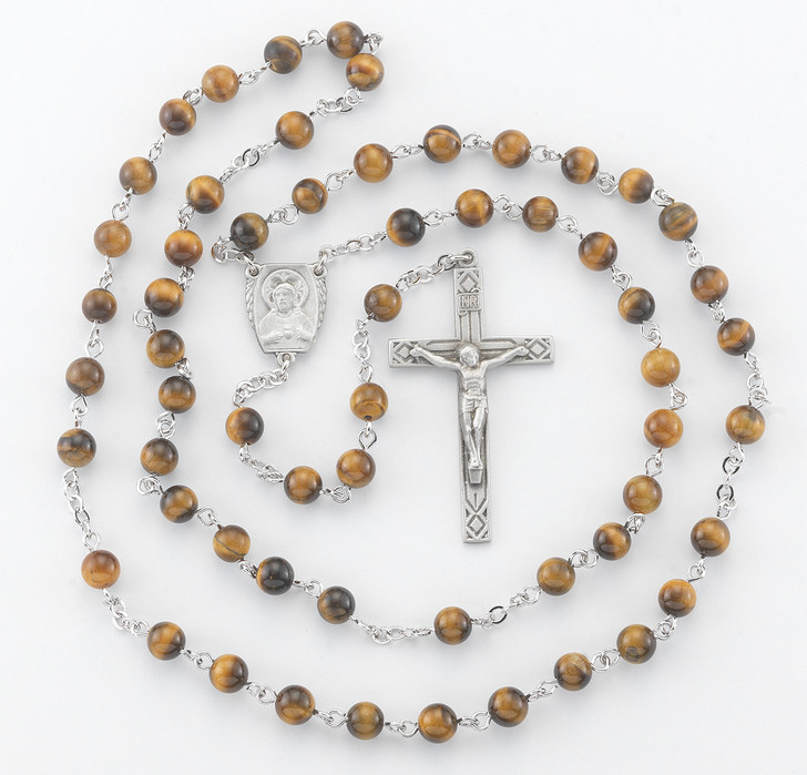 6mm Tiger Eye Gemstone Bead Rosary made with Genuine Pewter Crucifix and Centerpiece