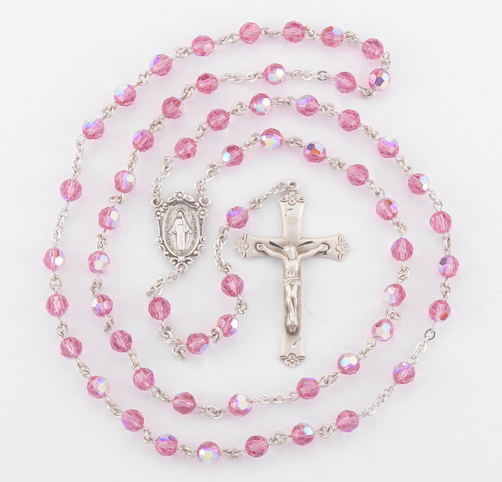 Rosary Sterling Crucifix and Centerpiece Created with finest Austrian Crystal 6mm Faceted Round Pink Beads by HMH