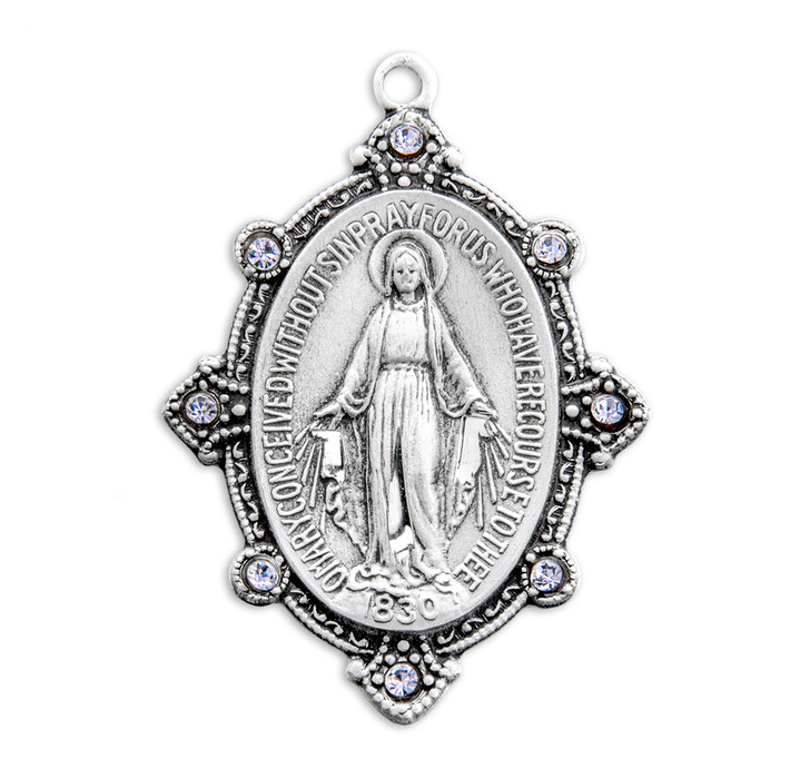 Sterling Silver Oval Miraculous Medal with Set Clear Crystals