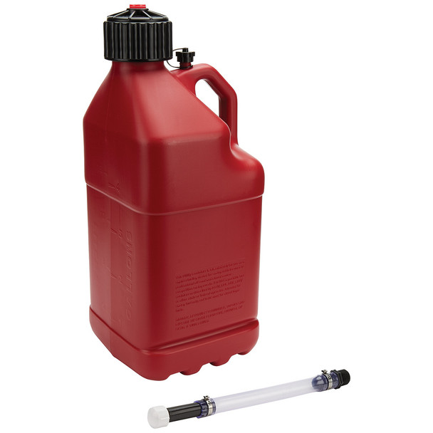 Utility Jug - 5 gal - 9-1/2 x 9-1/2 x 22-3/4 in Tall - O-Ring Seal Cap - Screw-On Vent - Filler Hose - Square - Plastic - Red - Each