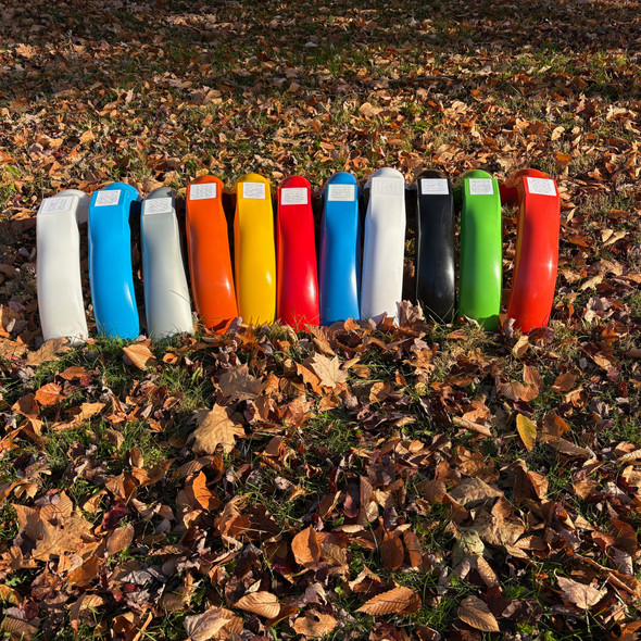 colors from left to right- Translucent, Yamaha IT blue, Silver, Pumpkin orange, Suzuki yellow, Honda red, Bultaco blue, White, Black, Kawasaki green, Can Am Qualier orange