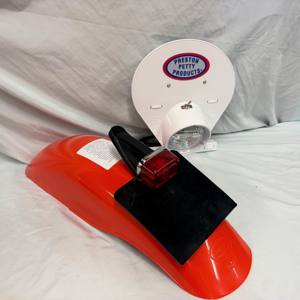 Battery powered LED White headlight, Dark Orange MX rear fender and LED Enduro Taillight assembly