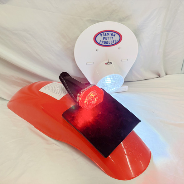 Battery powered LED White headlight, Dark Orange MX rear fender and LED Enduro Taillight assembly