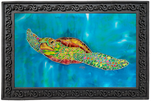Swimming Turtle in Ocean Outdoor Mat 30X18 with rubber tray 36X24