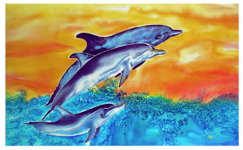 Dolphin leaping out of water with sunset outdoor mat 30X18