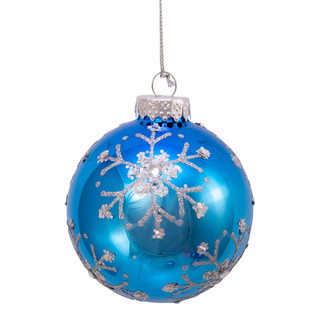 Thumbnail 4: Kurt Adler Kurt Adler 80MM Blue and Silver Glitter Snowflake Glass Ball 