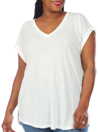 Thumbnail 2: BUNULU Bunulu Plus Roll Cuff Short Sleeve V-Neck Top 