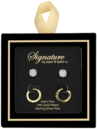 Thumbnail 6: Signature Signature Duo Rhinestone Gold Plated Hoop And Stud Earrings 