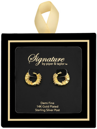 Thumbnail 4: Signature Signature Baguette Rhinestone Gold Plate Hoop Earrings 