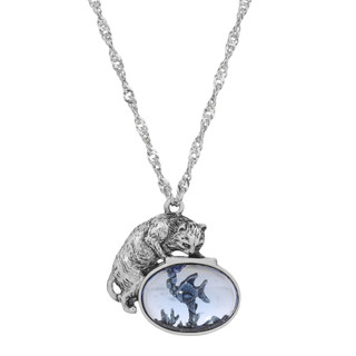 Thumbnail 2: 1928 Jewelry Vintage Pewter Cat & Blue Stone Fishbowl Necklace 