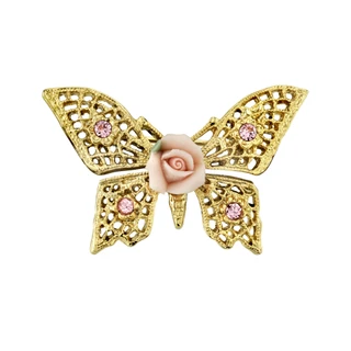 Thumbnail 2: 1928 Jewelry Crystal Porcelain Rose Vintage Butterfly Brooch 