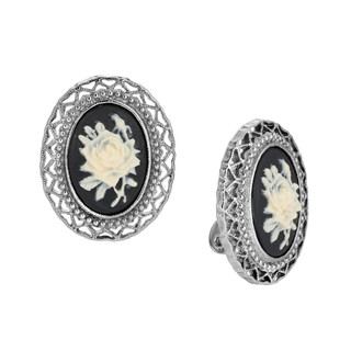 Thumbnail 2: 1928 Jewelry Vintage Silver Tone Floral Cameo Clip On Earrings 
