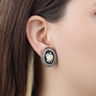 Thumbnail 4: 1928 Jewelry Vintage Silver Tone Floral Cameo Clip On Earrings 