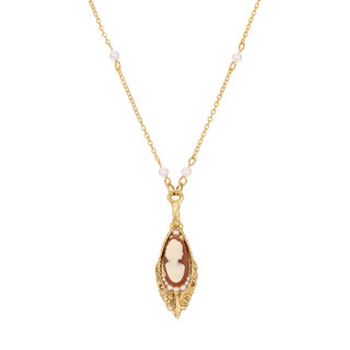 Thumbnail 2: 1928 Jewelry 14K Gold Dipped Carnelian Cameo Faux Pearl Necklace 