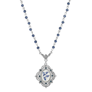 Thumbnail 2: 1928 Jewelry Vintage Silver Tone Blue Willow Oval Adjustable Necklace 