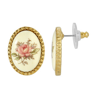 Thumbnail 2: 1928 Jewelry Vintage Goldtone Floral Decal Oval Button Earrings 