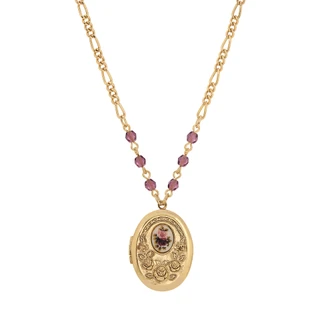 Thumbnail 2: 1928 Jewelry Goldtone Flower Decal Beaded Vintage Locket Necklace 