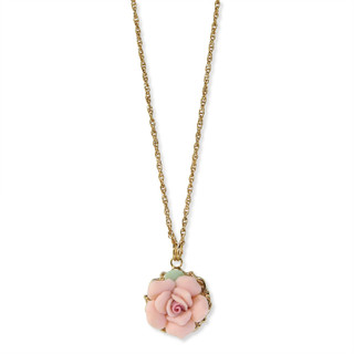 Thumbnail 2: 1928 Jewelry Vintage Gold Tone Pink Porcelain Rose Pendant Necklace 