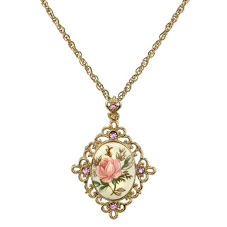 Thumbnail 2: 1928 Jewelry Vintage Goldtone Floral Decal Crystal Adjustable Necklace 