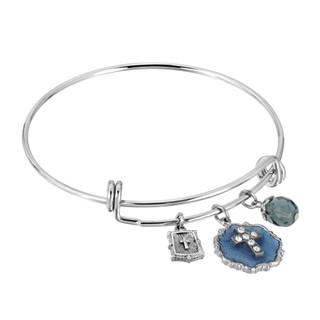 Thumbnail 2: SYMBOLS OF FAITH Blue Enamel Crystal Cross Wire Hinge Bracelet 