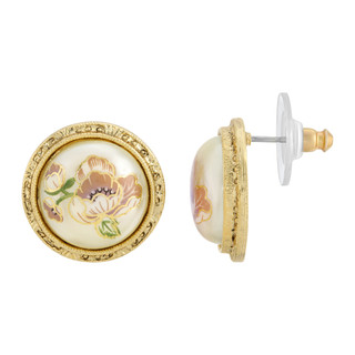 Thumbnail 1: 1928 Jewelry Vintage Goldtone Floral Decal Pearl Button Earrings 