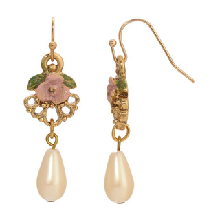 Thumbnail 2: 1928 Jewelry Gold Tone Pink Flower Filigree Faux Pearl Drop Earrings 