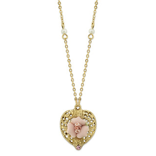 Thumbnail 2: 1928 Jewelry Vintage Gold Tone Pink Porcelain Rose Heart Necklace 