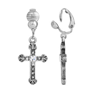 Thumbnail 1: SYMBOLS OF FAITH Crystal Accent Cross Clip-On Earrings 