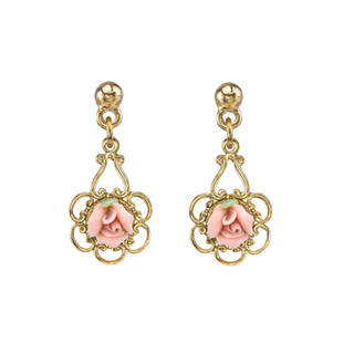 Thumbnail 2: 1928 Jewelry Vintage Gold Tone Porcelain Rose Drop Earrings 