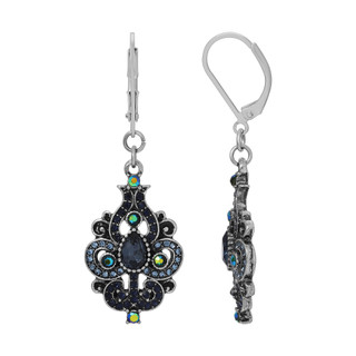 Thumbnail 2: 1928 Jewelry Silver OX Blue Iridescent AB Glass Vintage Drop Earrings 