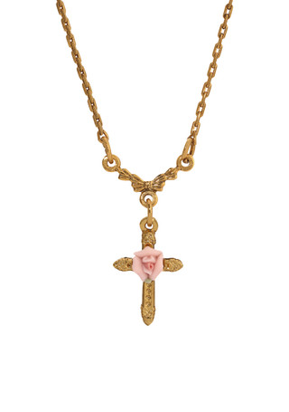 Thumbnail 2: SYMBOLS OF FAITH Pink Flower Cross Adjustable Necklace 