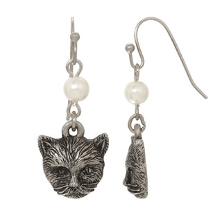 Thumbnail 2: 1928 Jewelry Pewter Faux Pearl Cat Wire Dangle Earrings 