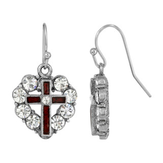 Thumbnail 1: SYMBOLS OF FAITH Enamel Cross Crystal Heart Earrings 