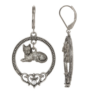 Thumbnail 2: 1928 Jewelry Pewter Crystal Circle Cat Leverback Earrings 